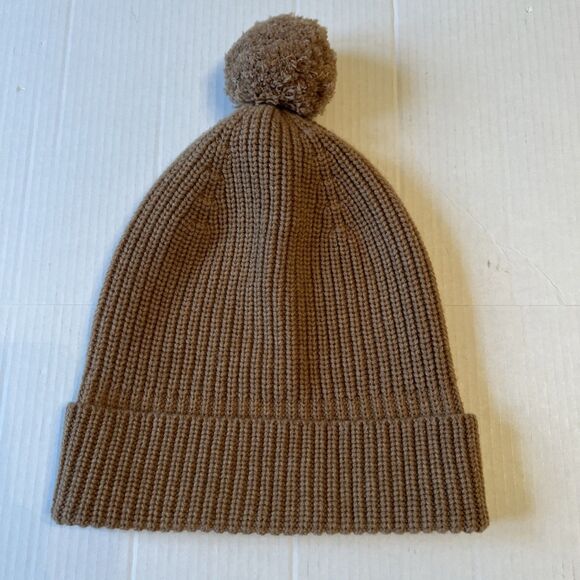 LUXTON Sz L Women\'s Ribbed 90%Wool 10%Cashmere Pom Pom Beanie Hat Camel NWOT main image 7